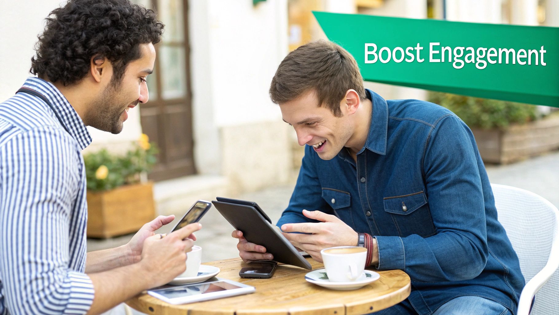 Two smiling men at an outdoor cafe, looking at a phone and tablet, with coffee and a 'Boost Engagement' banner.
