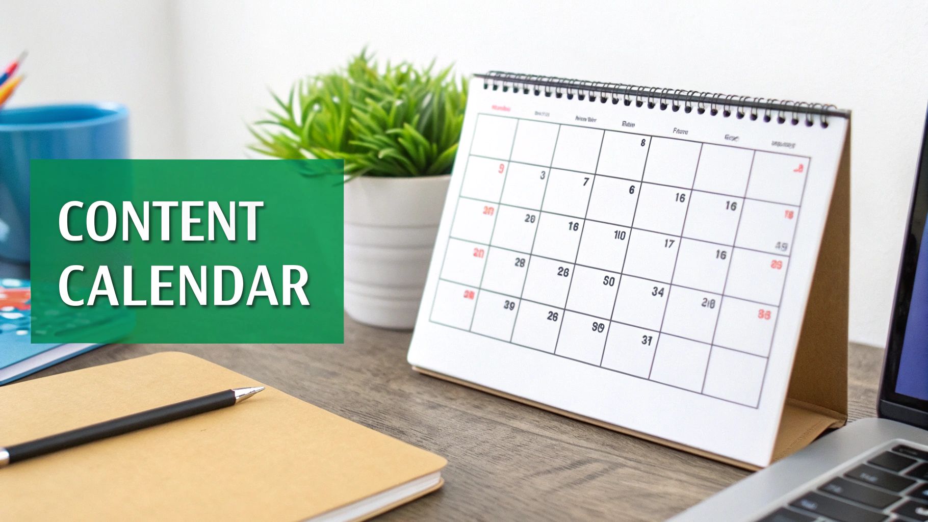 A desk with a content calendar, notebook, pen, and laptop, emphasizing planning.