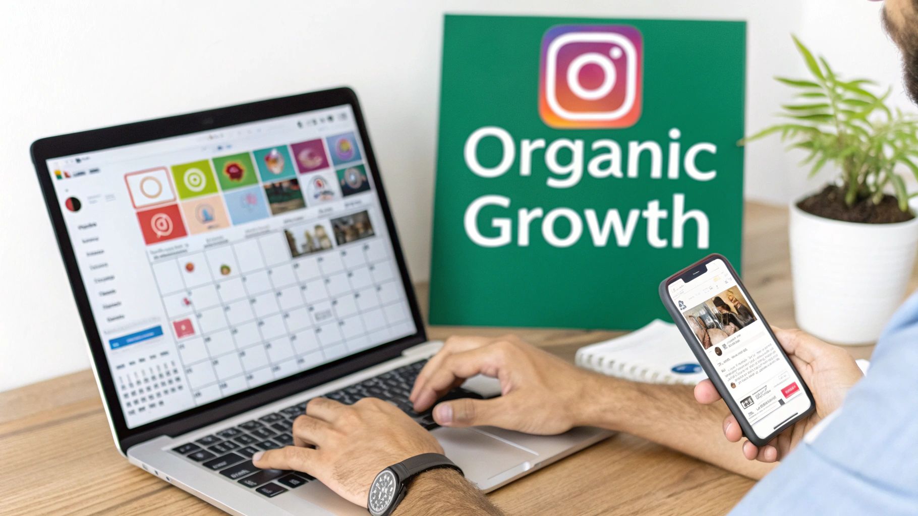 Person planning Instagram content on a laptop and viewing posts on a smartphone, promoting organic growth.