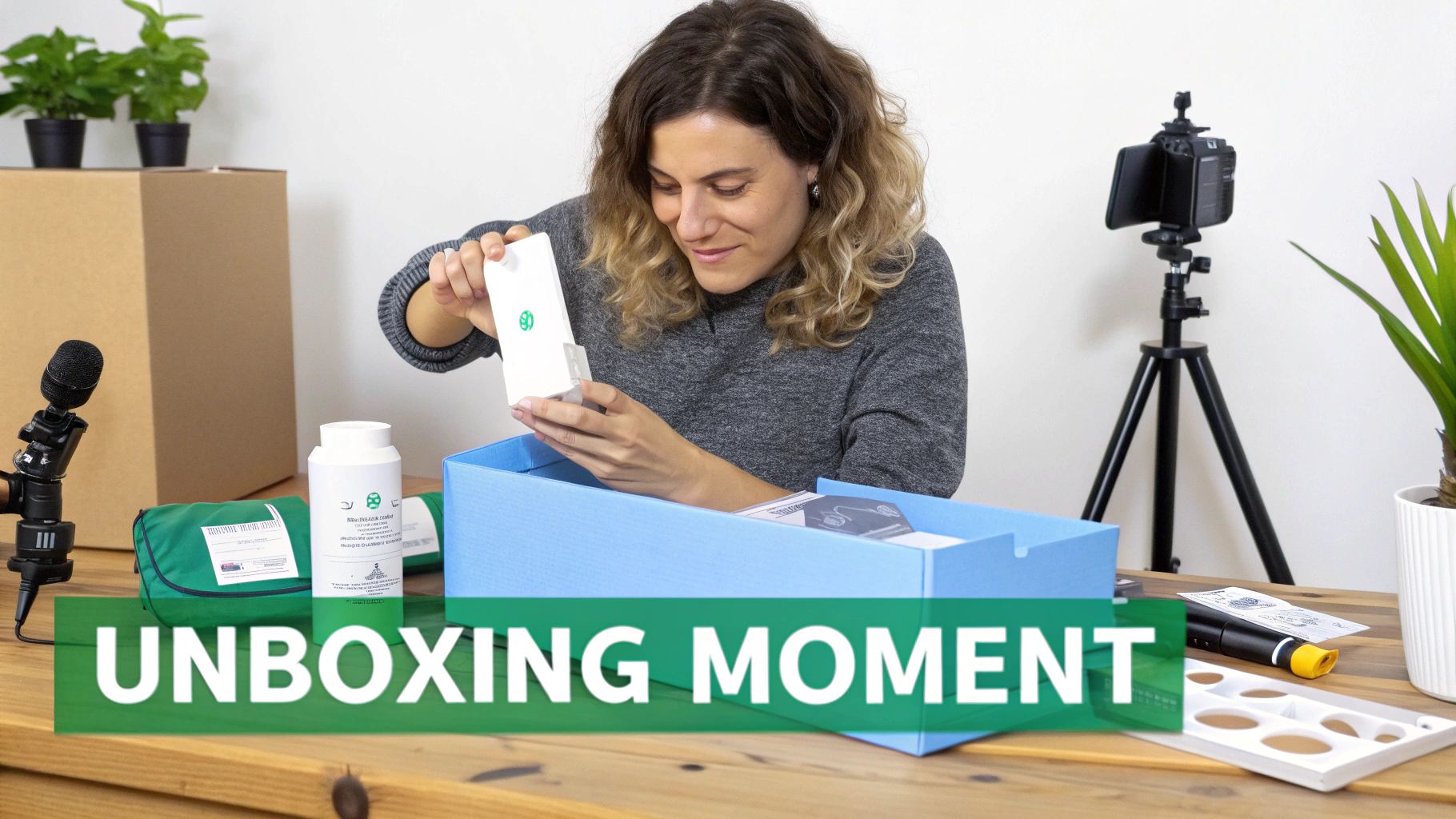 A smiling woman unboxes products from a blue box on a wooden table, creating content for an unboxing video.
