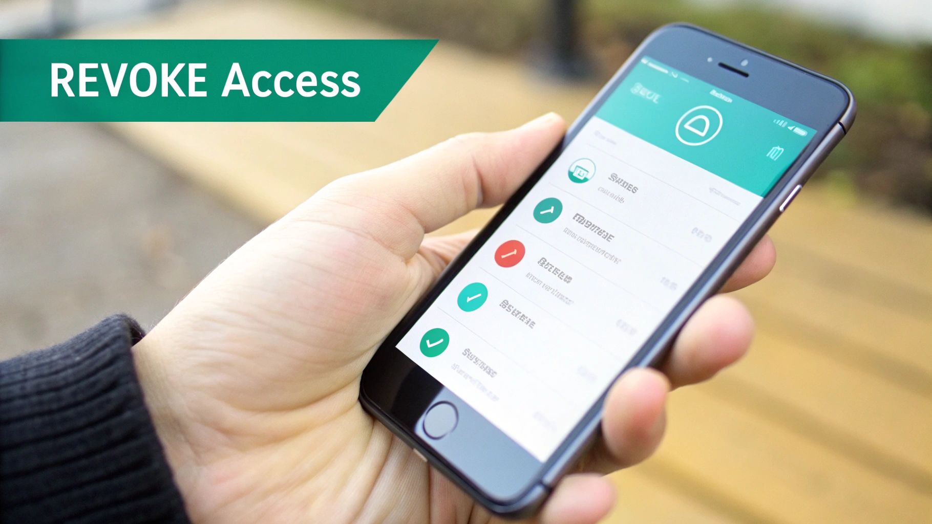 A person's hand holds a smartphone displaying an app with 'REVOKE Access' banner and status icons.