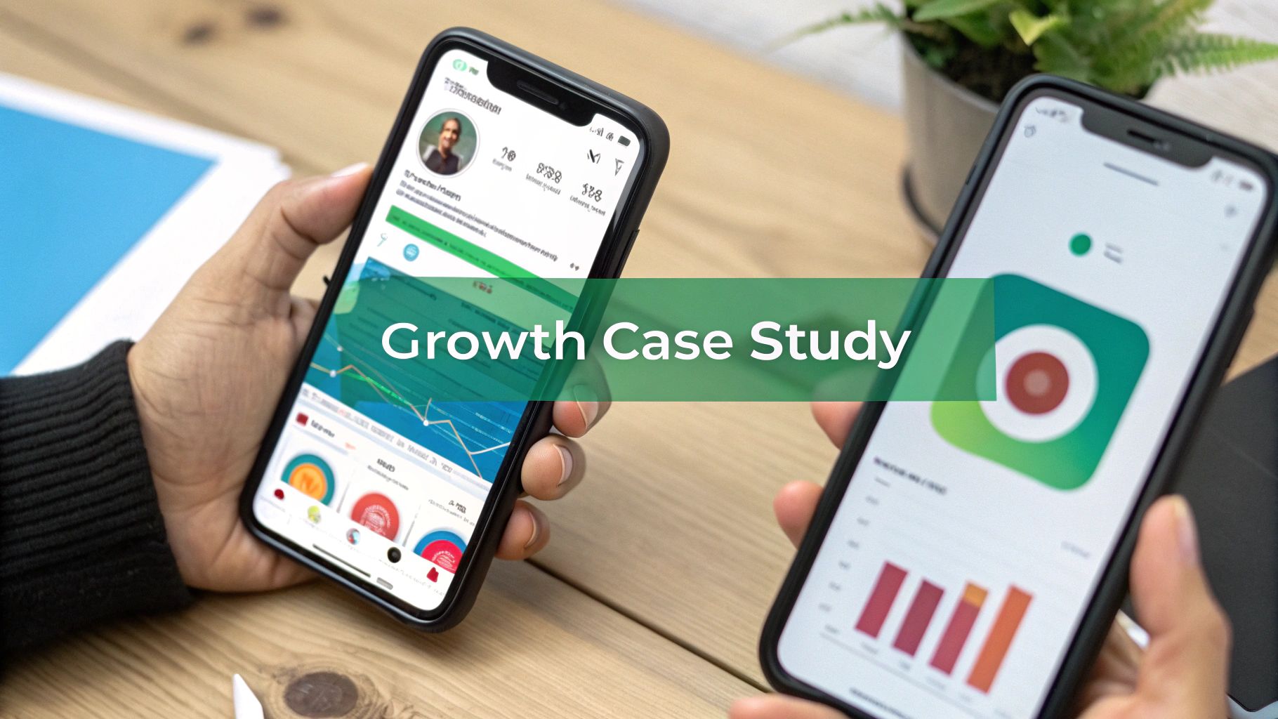Two hands holding smartphones displaying charts, social media profiles, and growth data.