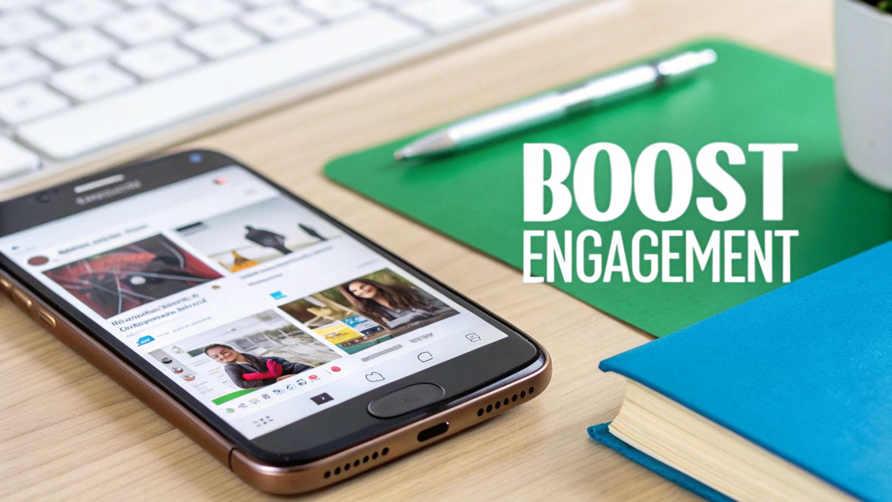 A smartphone displays social media feeds on a wooden desk with a keyboard and a sign saying 'BOOST ENGAGEMENT'.