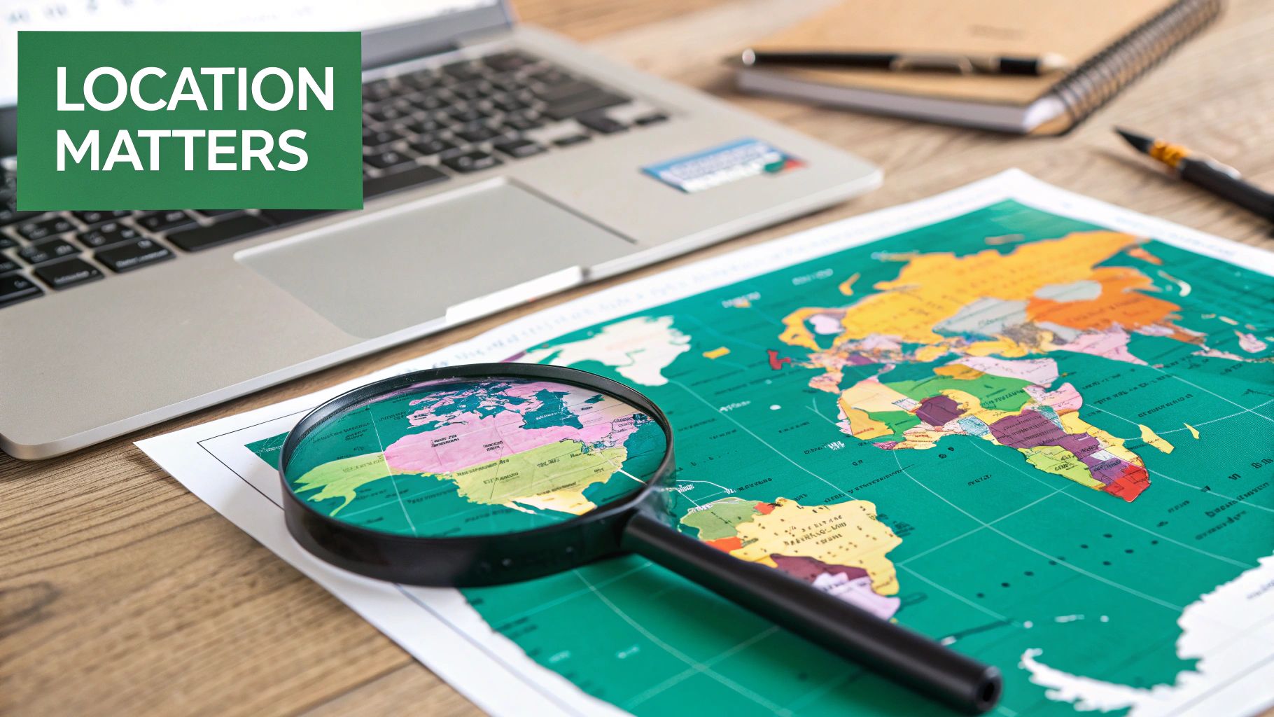 A world map with highlighted cities and salary figures, showing geographic pay differences.