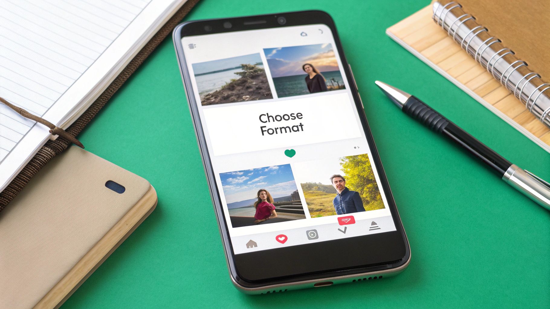 A woman holding her phone, showing the Instagram app interface.