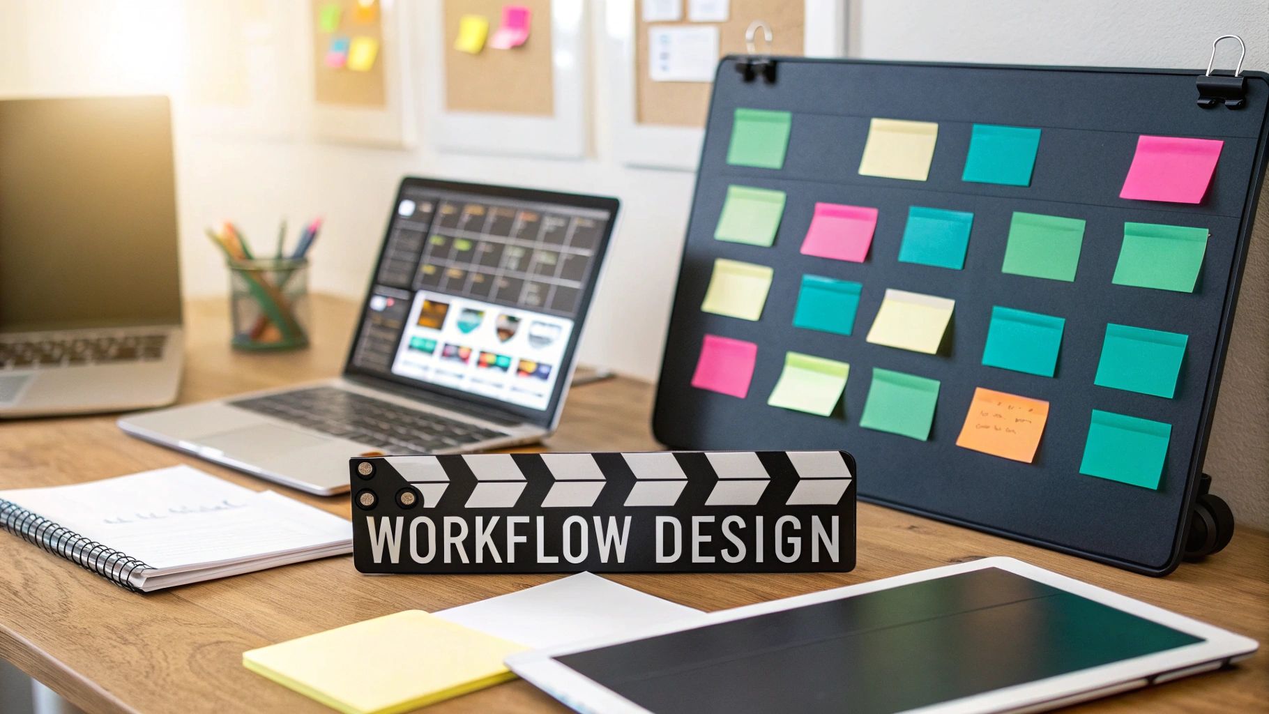 A team collaborating around a content workflow chart on a whiteboard
