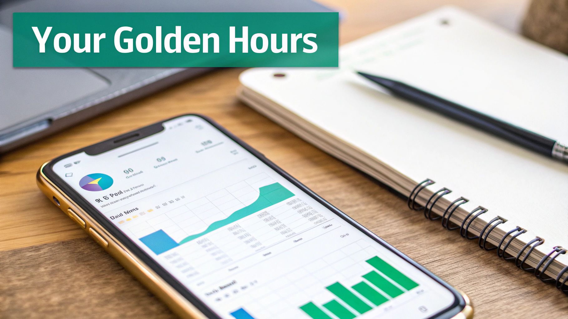 A smartphone displays data charts and graphs on a desk with a notebook, pen, and laptop.