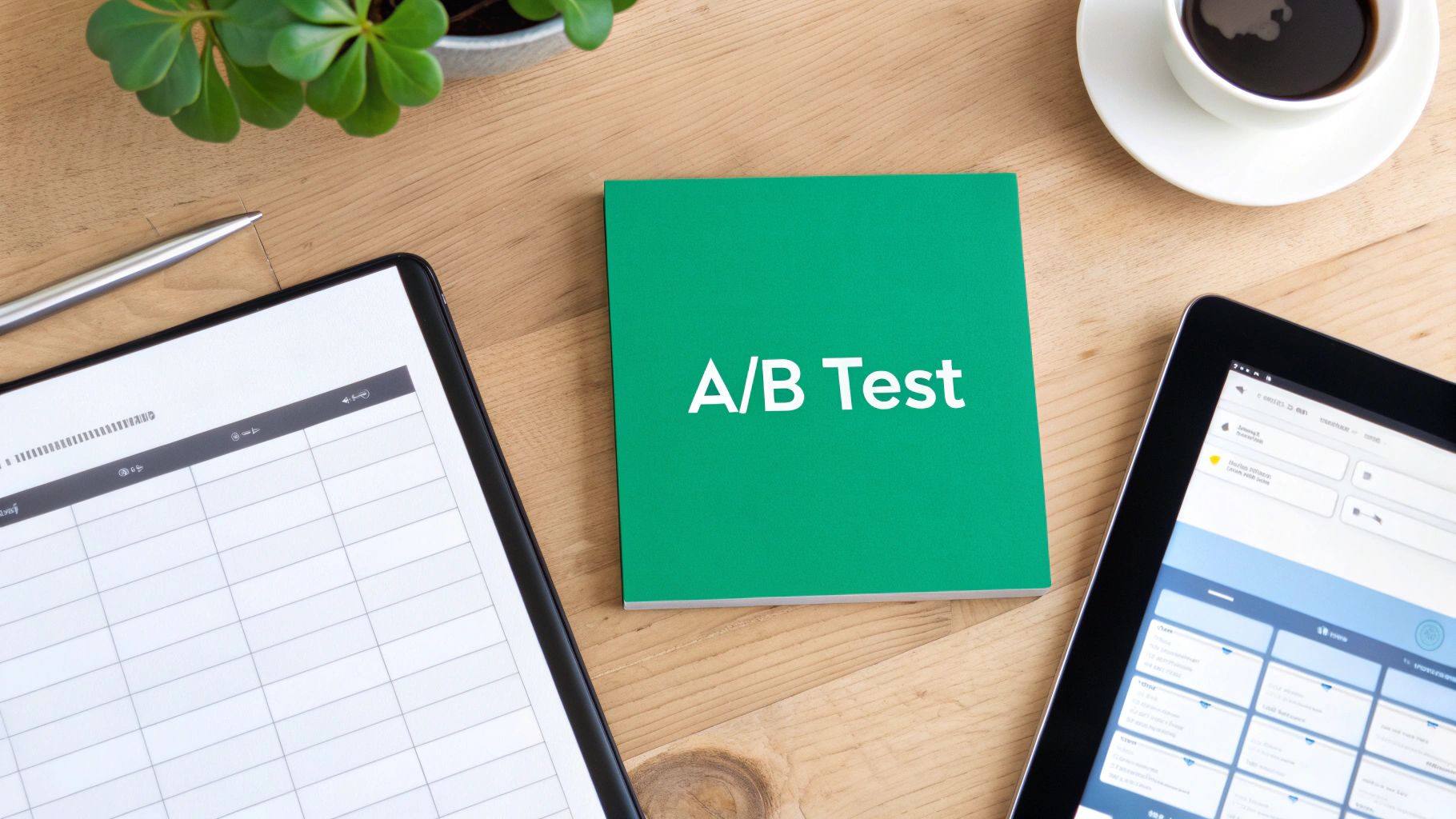 Overhead view of a wooden desk with a green 'A/B Test' notepad, two tablets displaying data, a pen, a plant, and coffee.