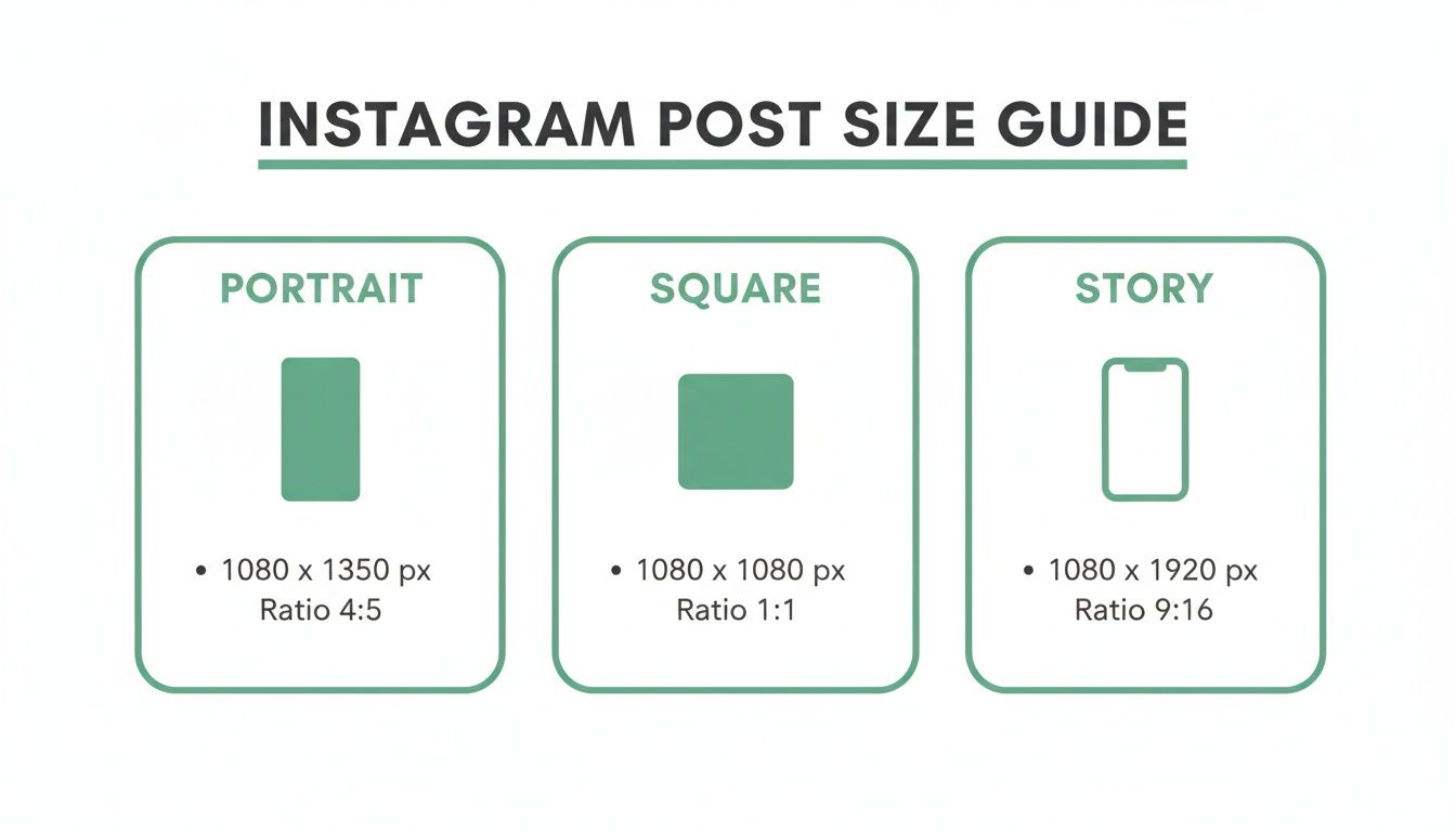 An Instagram post size guide detailing dimensions and aspect ratios for portrait, square, and story formats.