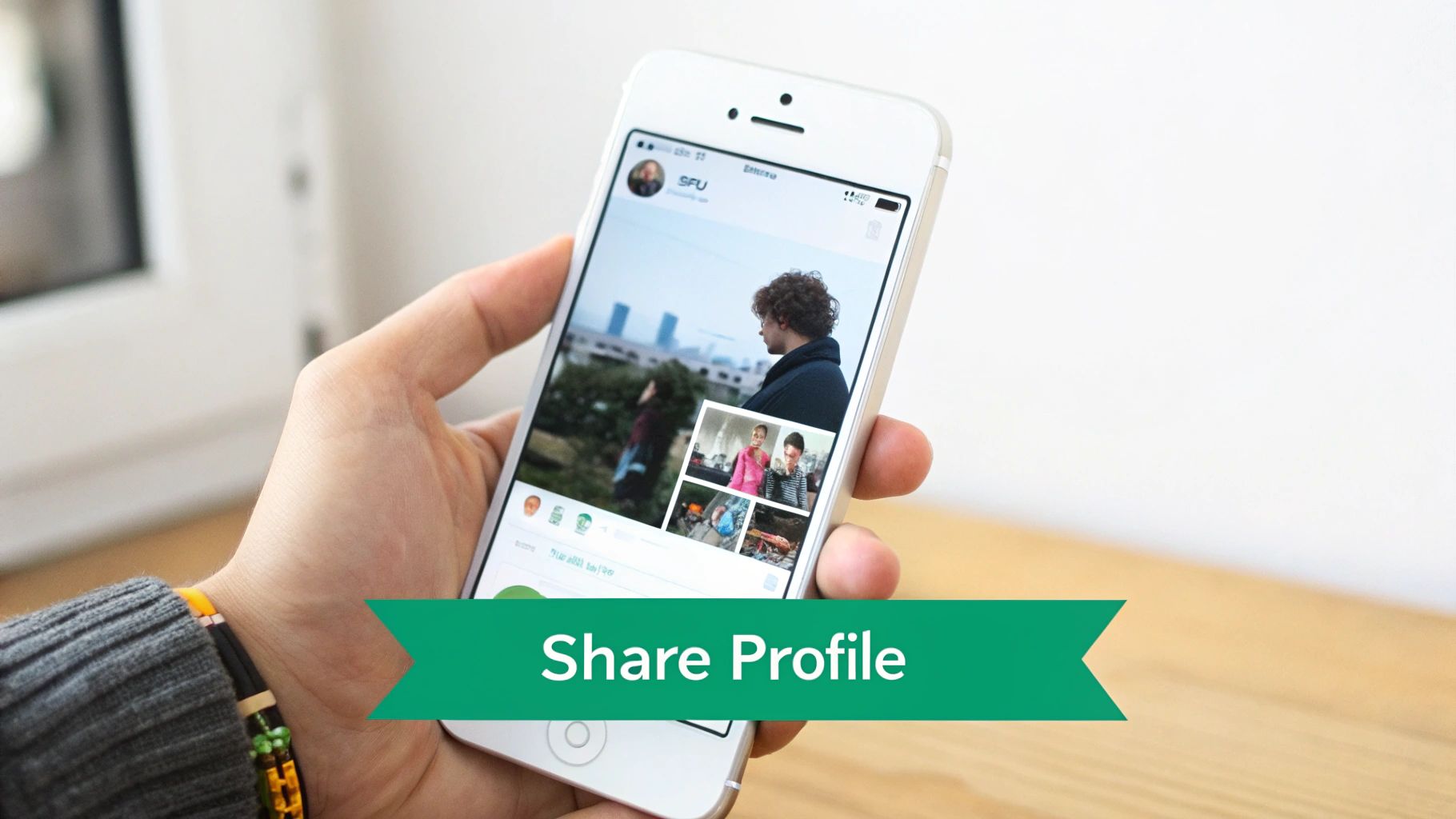 A hand holds a white smartphone displaying a social media profile with photos and a 'Share Profile' banner.