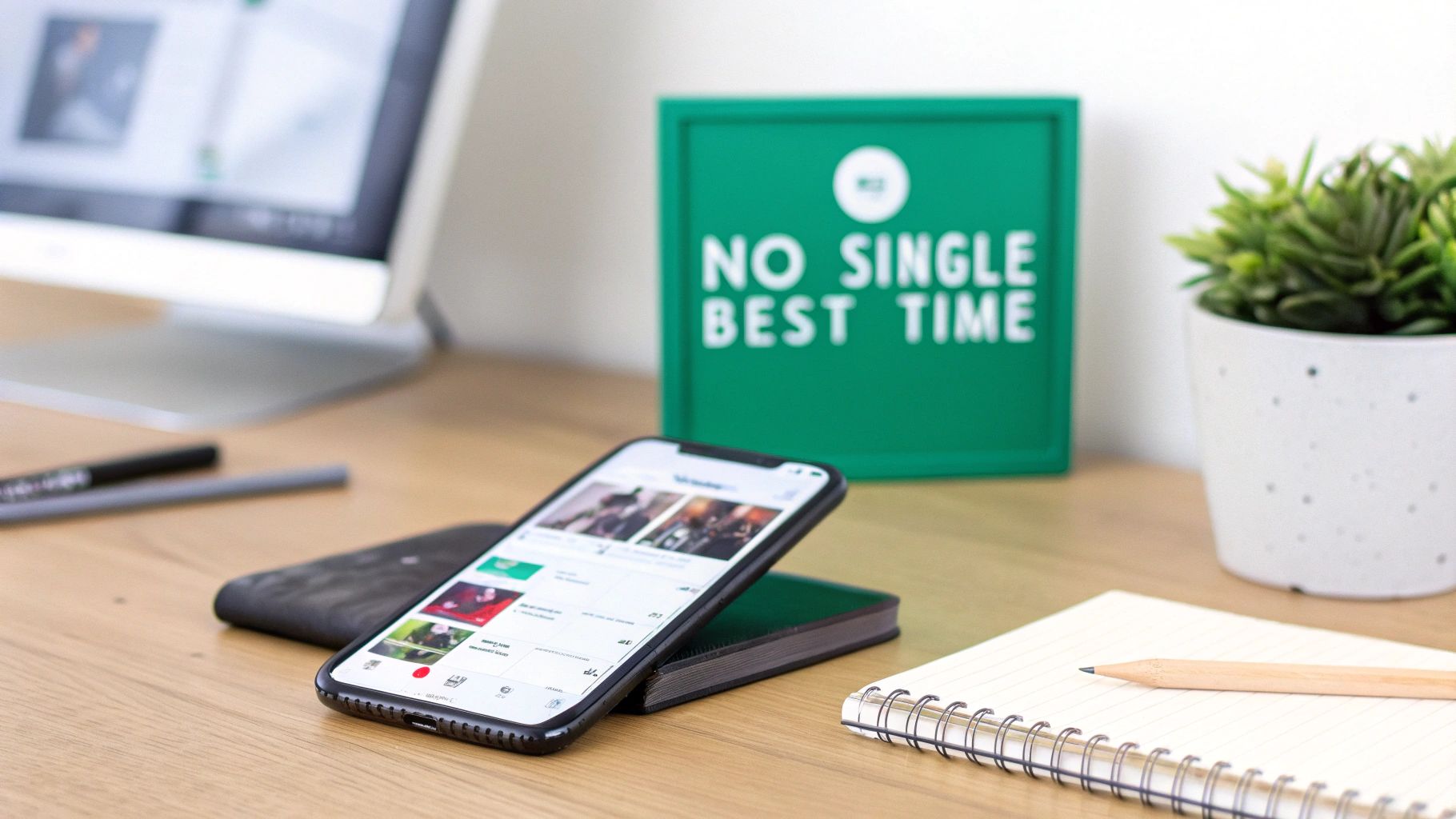 Close-up of a smartphone on a desk with a laptop, plant, and 'NO SINGLE BEST TIME' sign.