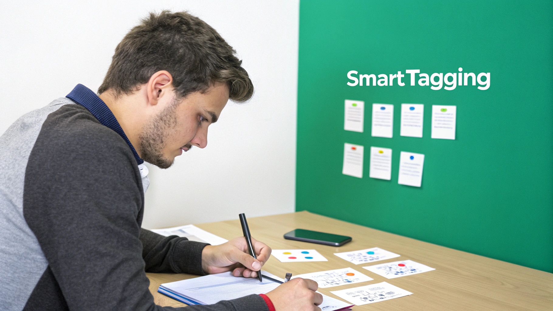 A man focused on writing in a notebook at a desk with 'Smart Tagging' written on a green wall.