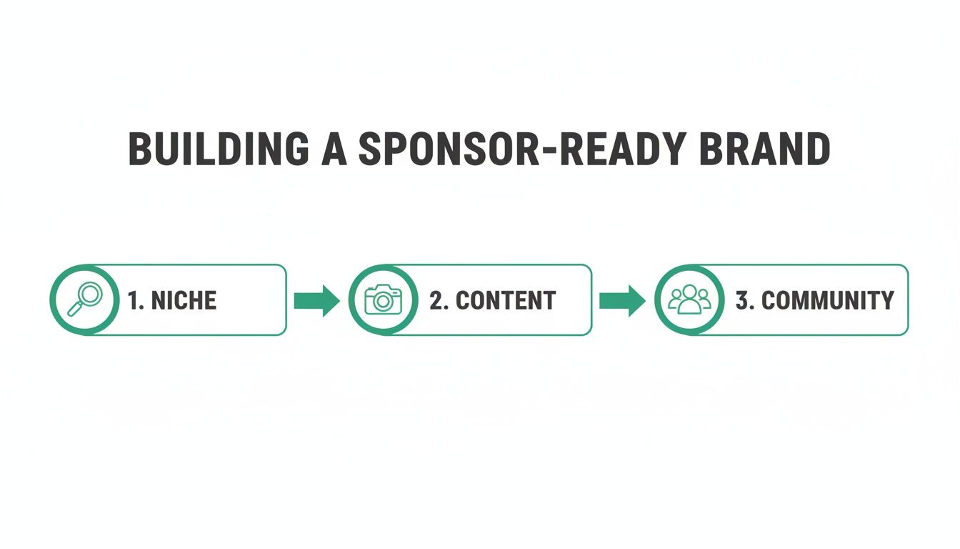 Flowchart illustrating three essential steps to build a sponsor-ready brand: Niche, Content, and Community.