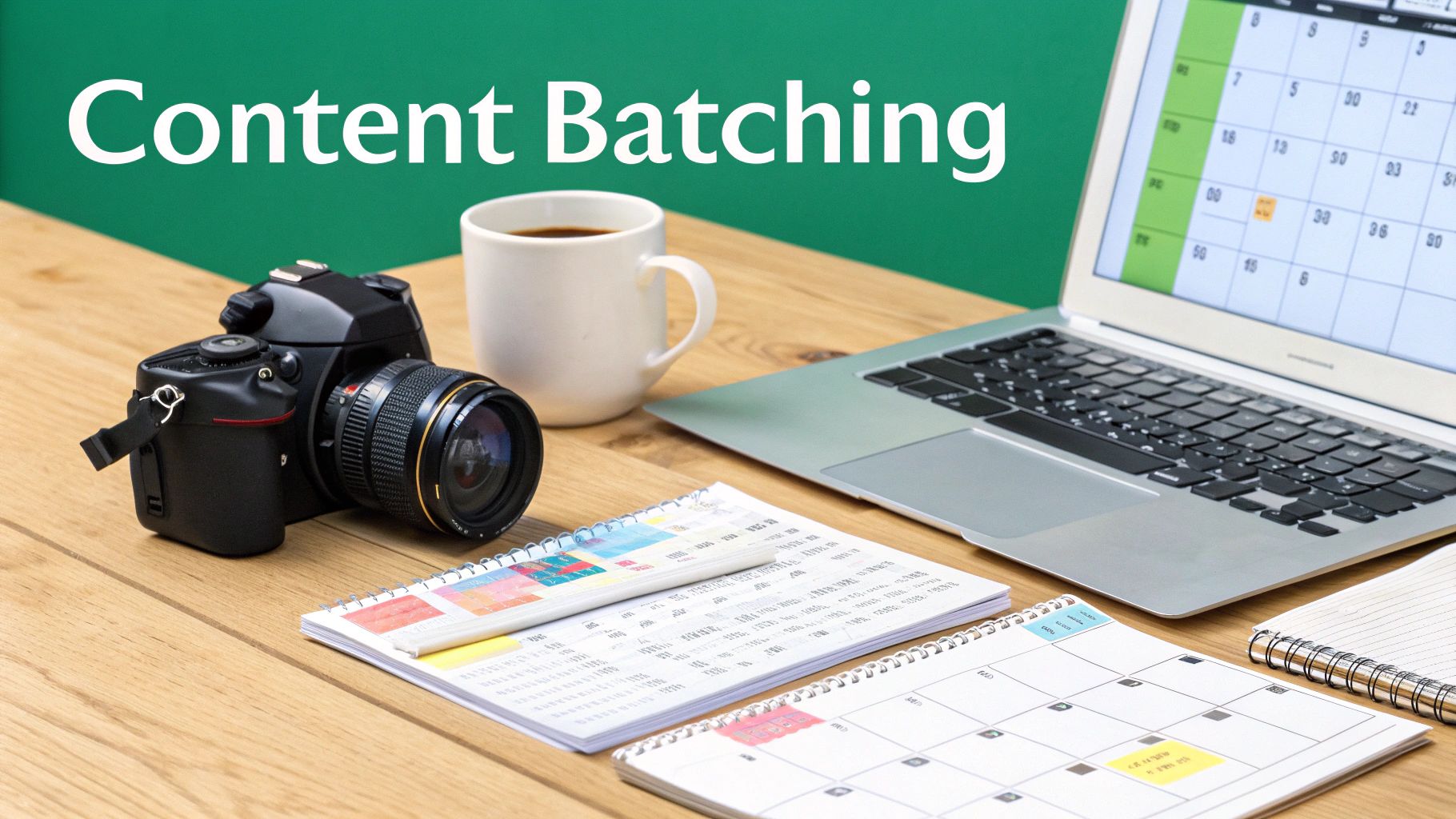 A content creator's desk with a camera, laptop showing a calendar, coffee, and planners, illustrating content batching.