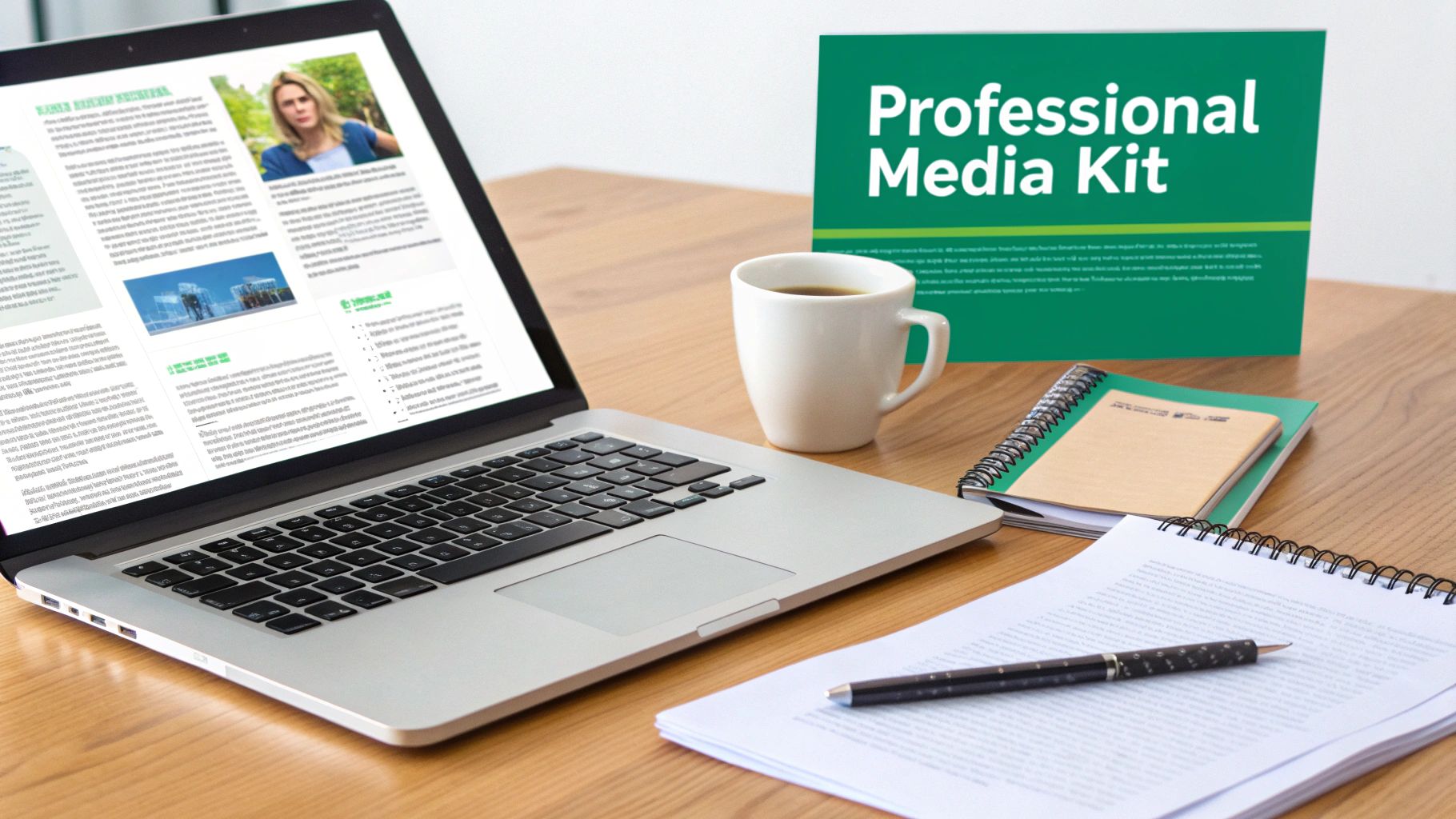 A desk with a laptop displaying a webpage, a coffee cup, and a 'Professional Media Kit' sign.
