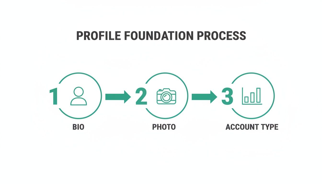 A three-step profile foundation process diagram showing bio, photo, and account type setup.