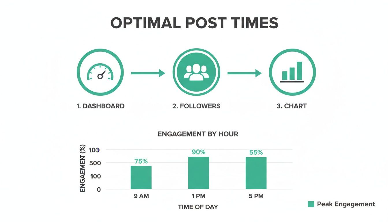 Diagram showing optimal post times, with steps for dashboard, followers, chart, and an engagement by hour bar graph.