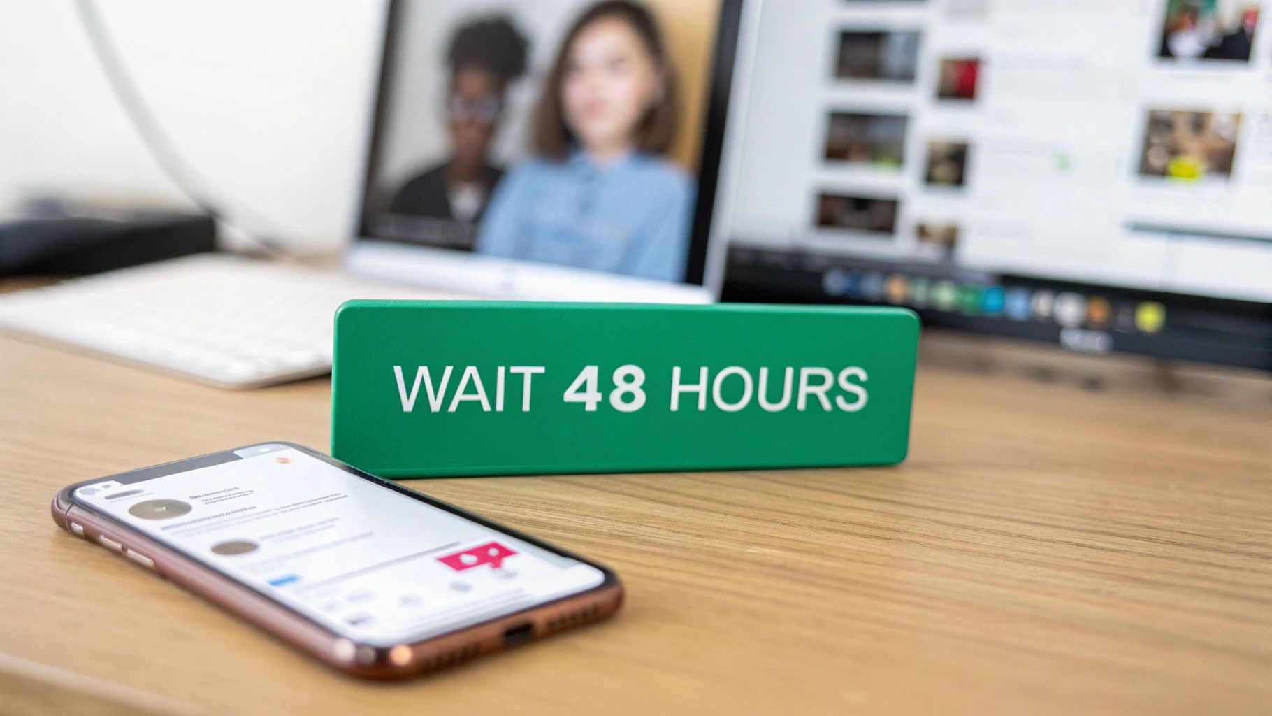 A desk with a smartphone displaying a social media app, a green 'WAIT 48 HOURS' sign, and computer monitors.