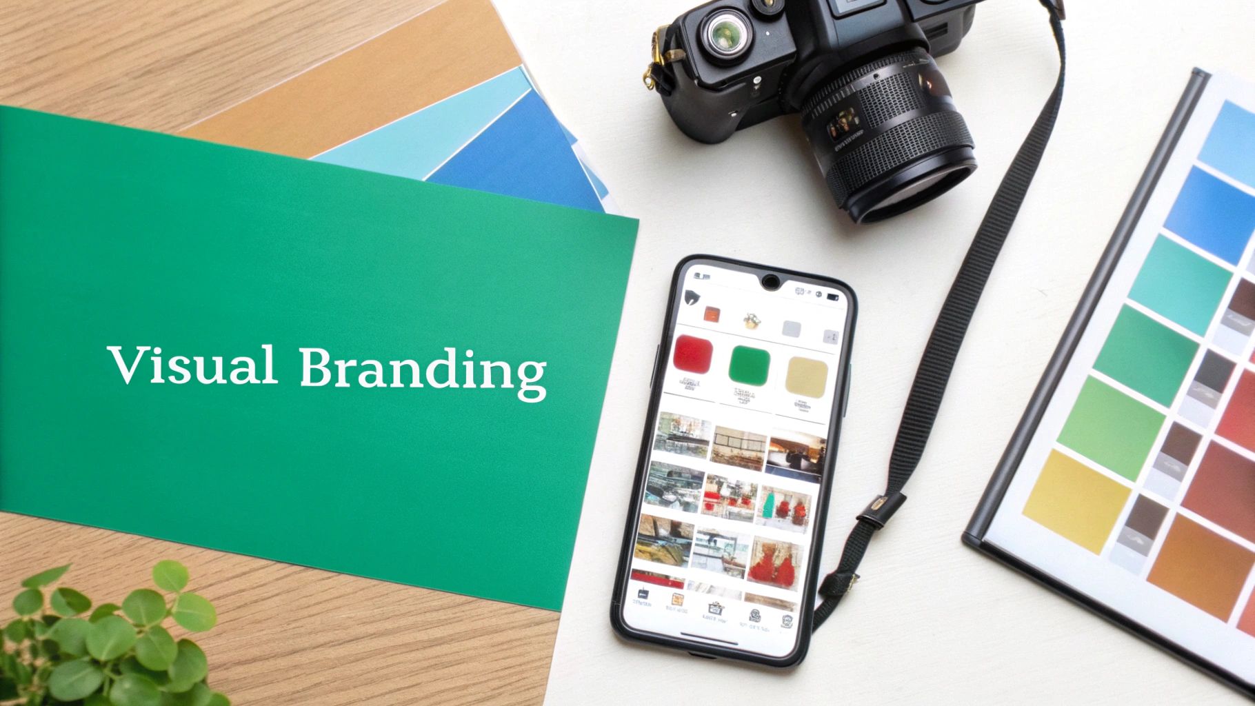 Visual branding workspace with camera, smartphone, color swatches, and design materials on desk