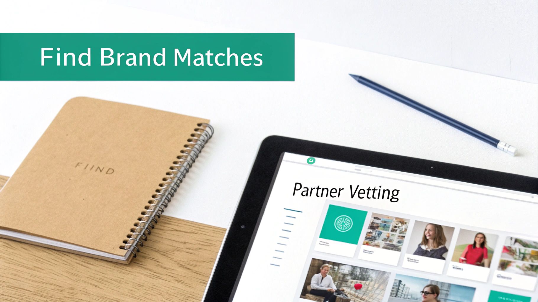 A tablet displaying 'Partner Vetting' next to a notebook and a pencil, with a banner 'Find Brand Matches'.