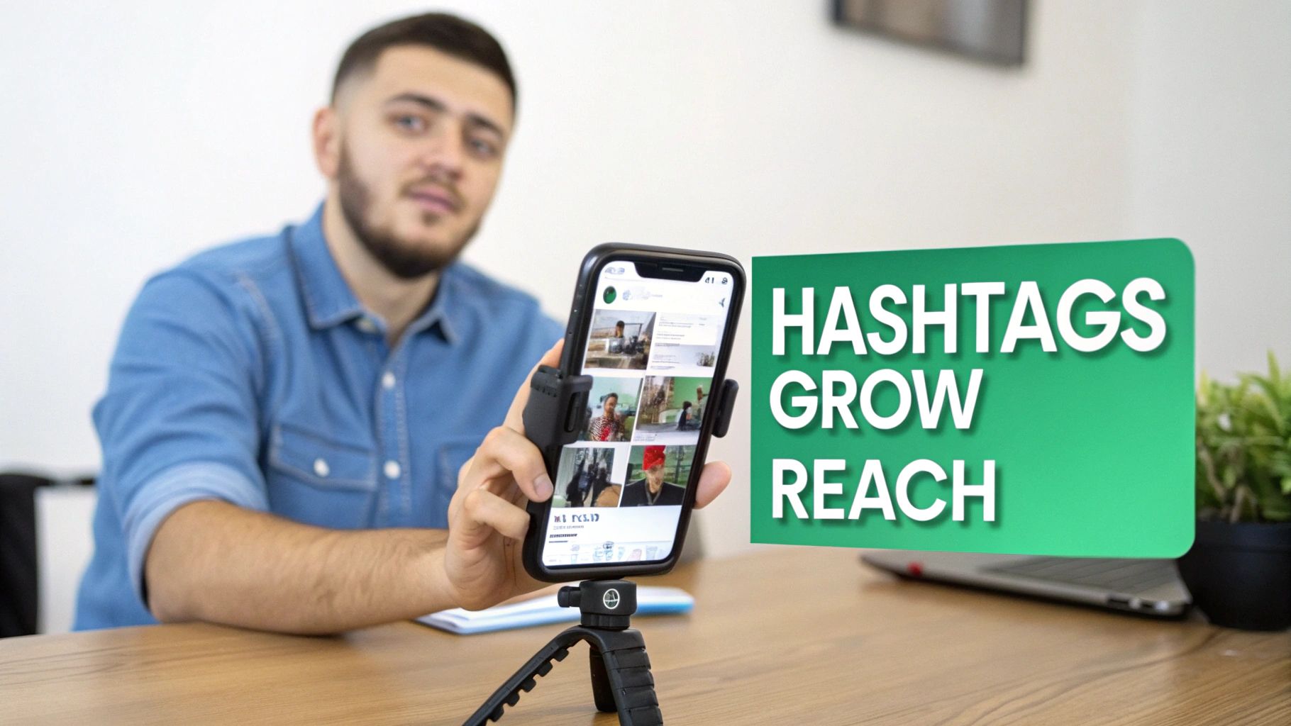 Woman creating an Instagram Reel with hashtag icons floating around her.