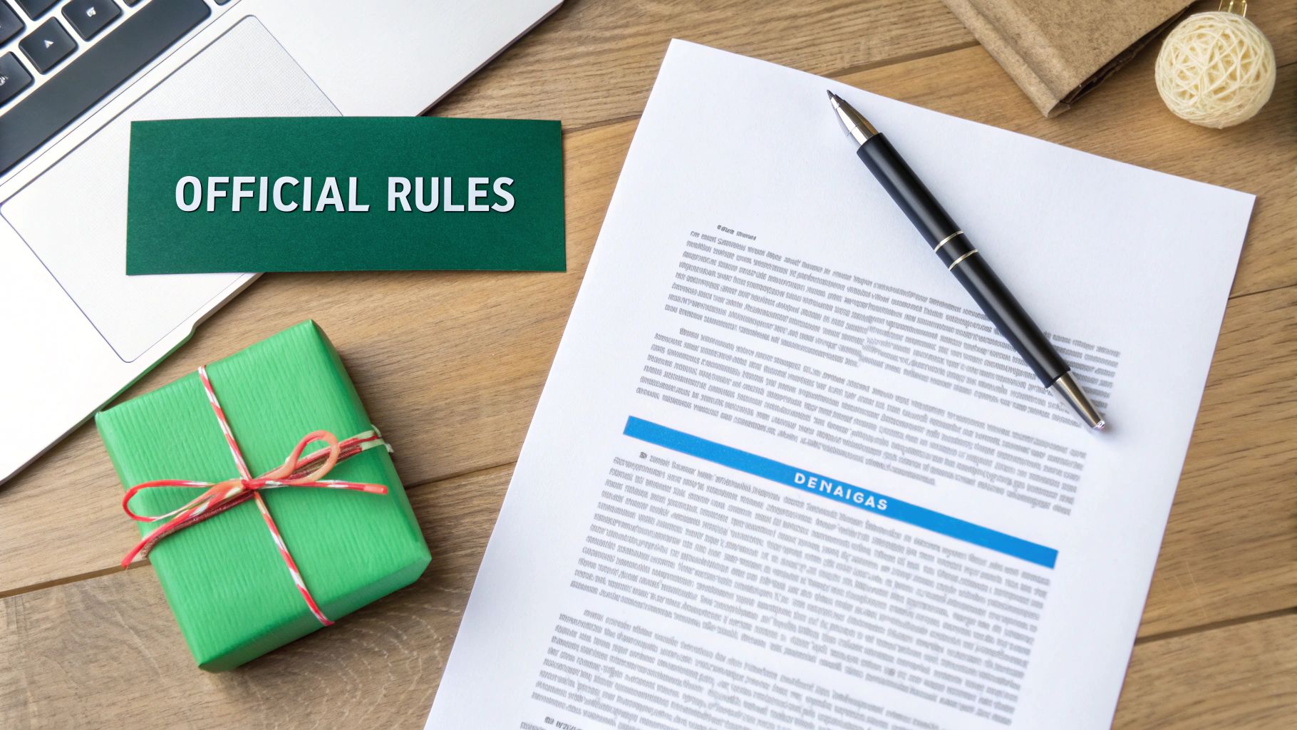 A desk with a green card titled 'OFFICIAL RULES', a document, a pen, a laptop, and a gift.