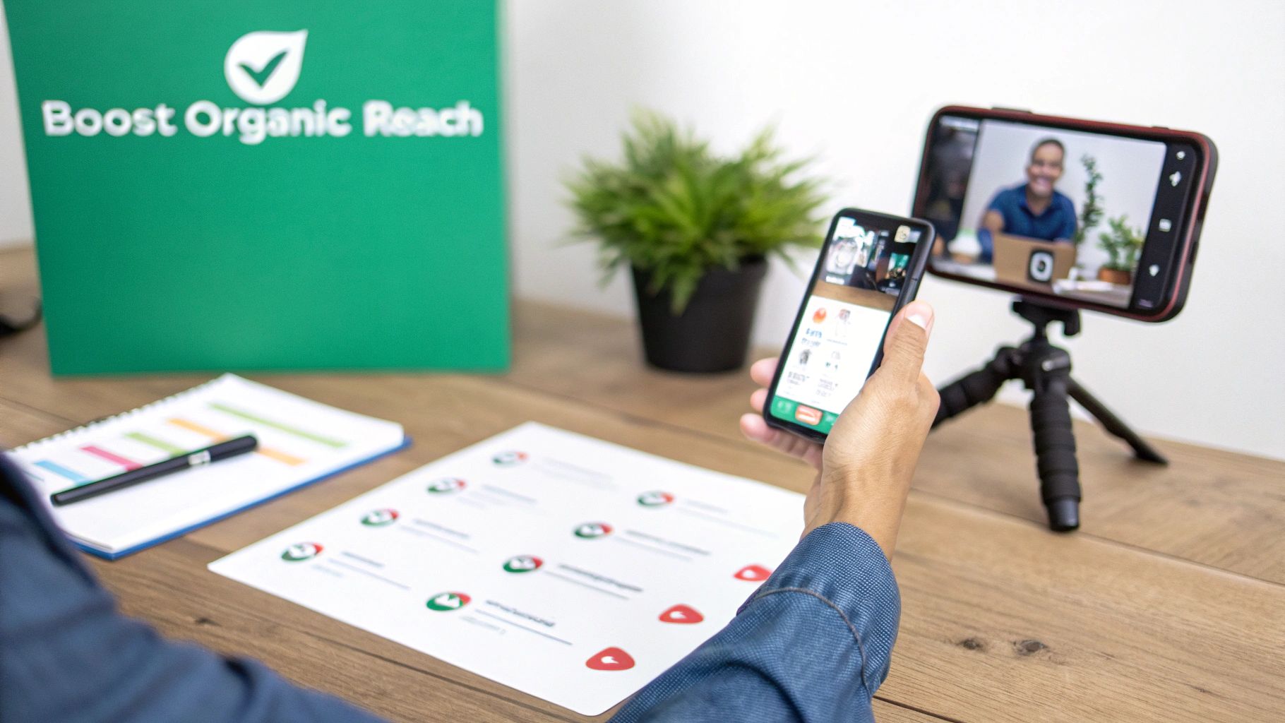 A person holds a smartphone viewing data, while another phone on a tripod records a video.