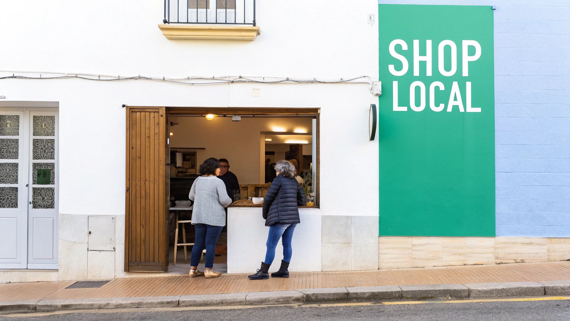 Two women stand outside a white shop, looking inside, next to a large green 'SHOP LOCAL' sign.