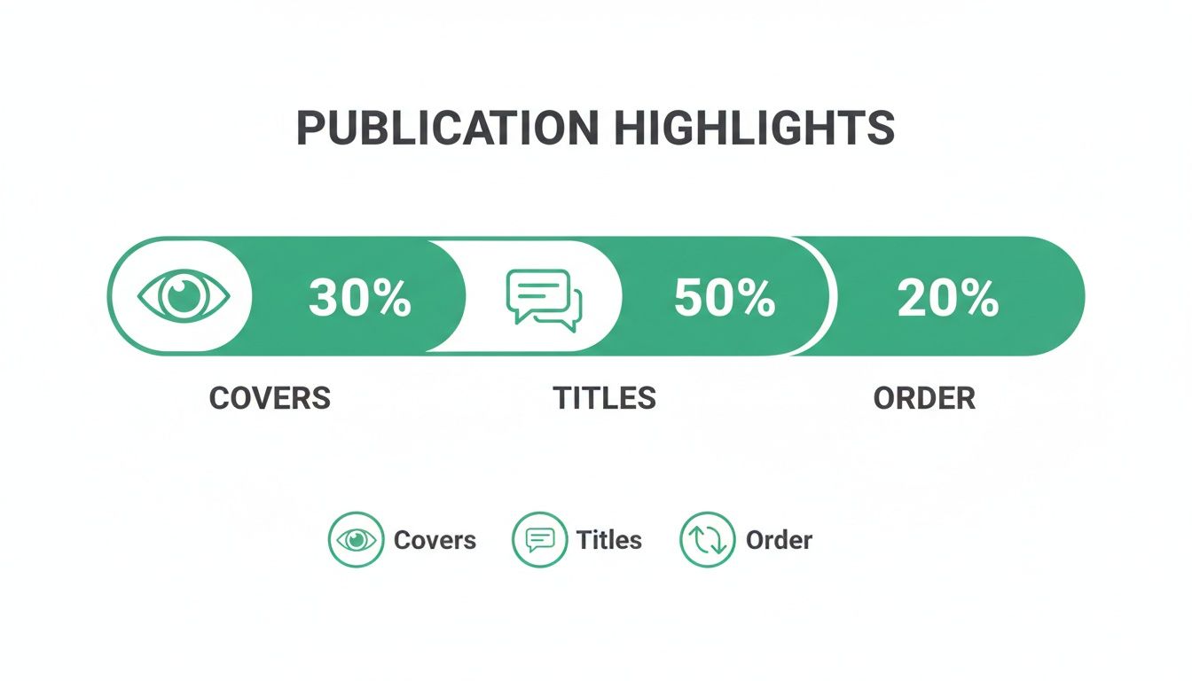 Infographic displaying publication highlights breakdown: Covers 30%, Titles 50%, and Order 20%.