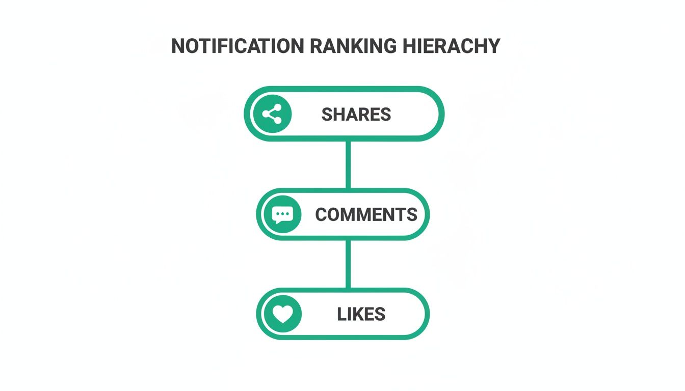 A diagram illustrating the Notification Ranking Hierarchy with Shares at the top, followed by Comments, and then Likes.