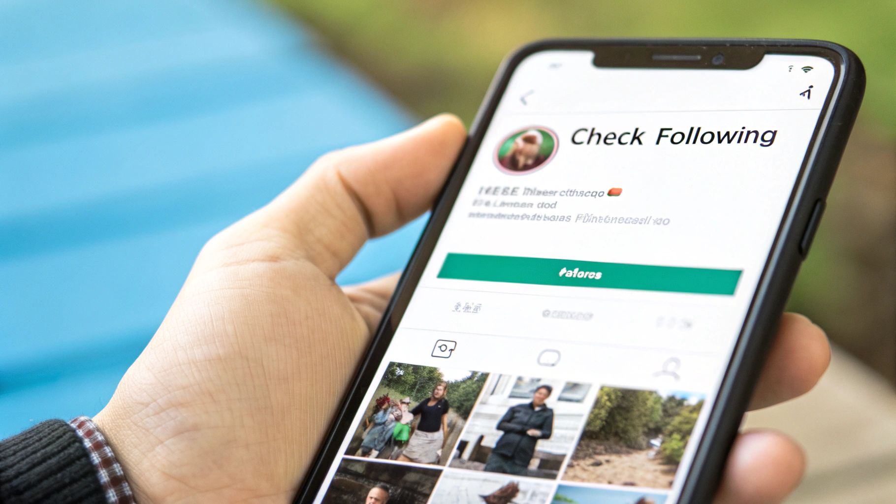 Person holding smartphone displaying Instagram profile Check Following feature with green follow button and photo grid