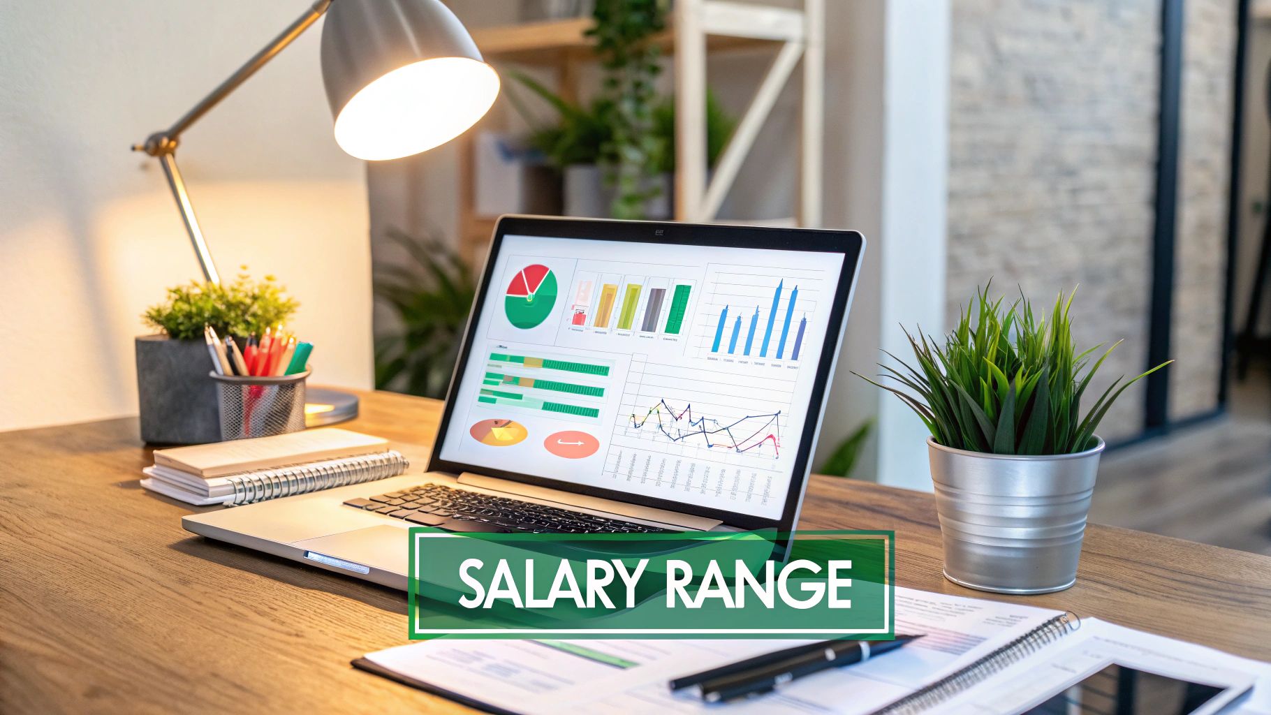 A person sitting at a desk with a laptop, analyzing social media charts and graphs, representing salary data.