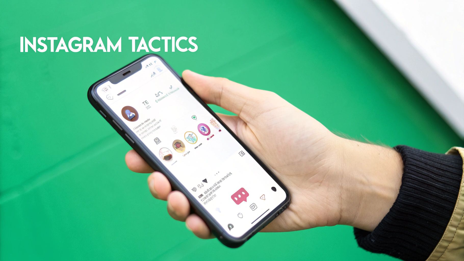 A hand holds a smartphone displaying the Instagram app, with 'INSTAGRAM TACTICS' text on a green background.