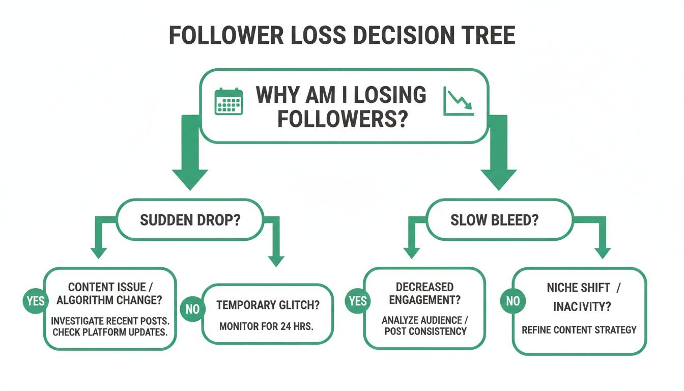 Decision tree flowchart explaining reasons for follower loss and corresponding actions.