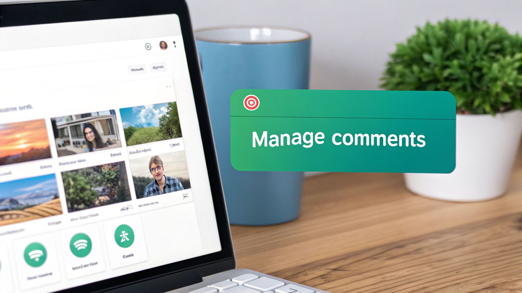 A laptop screen displaying a gallery of images, with a green overlay showing 'Manage comments'.