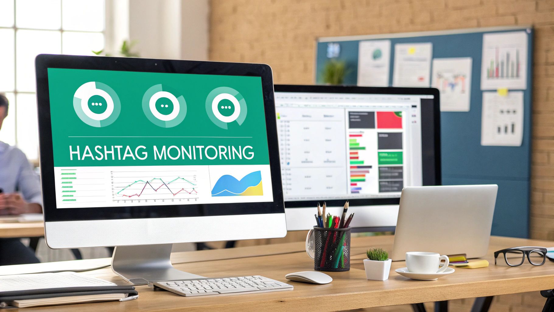 A computer screen displays 'Hashtag Monitoring' with various charts and graphs on an office desk.