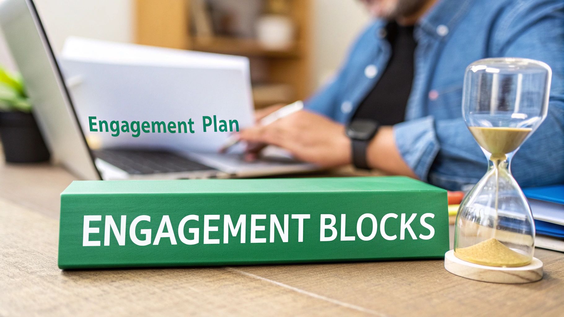 A person works on a laptop showing 'Engagement Plan', with an hourglass and 'Engagement Blocks' on a desk.