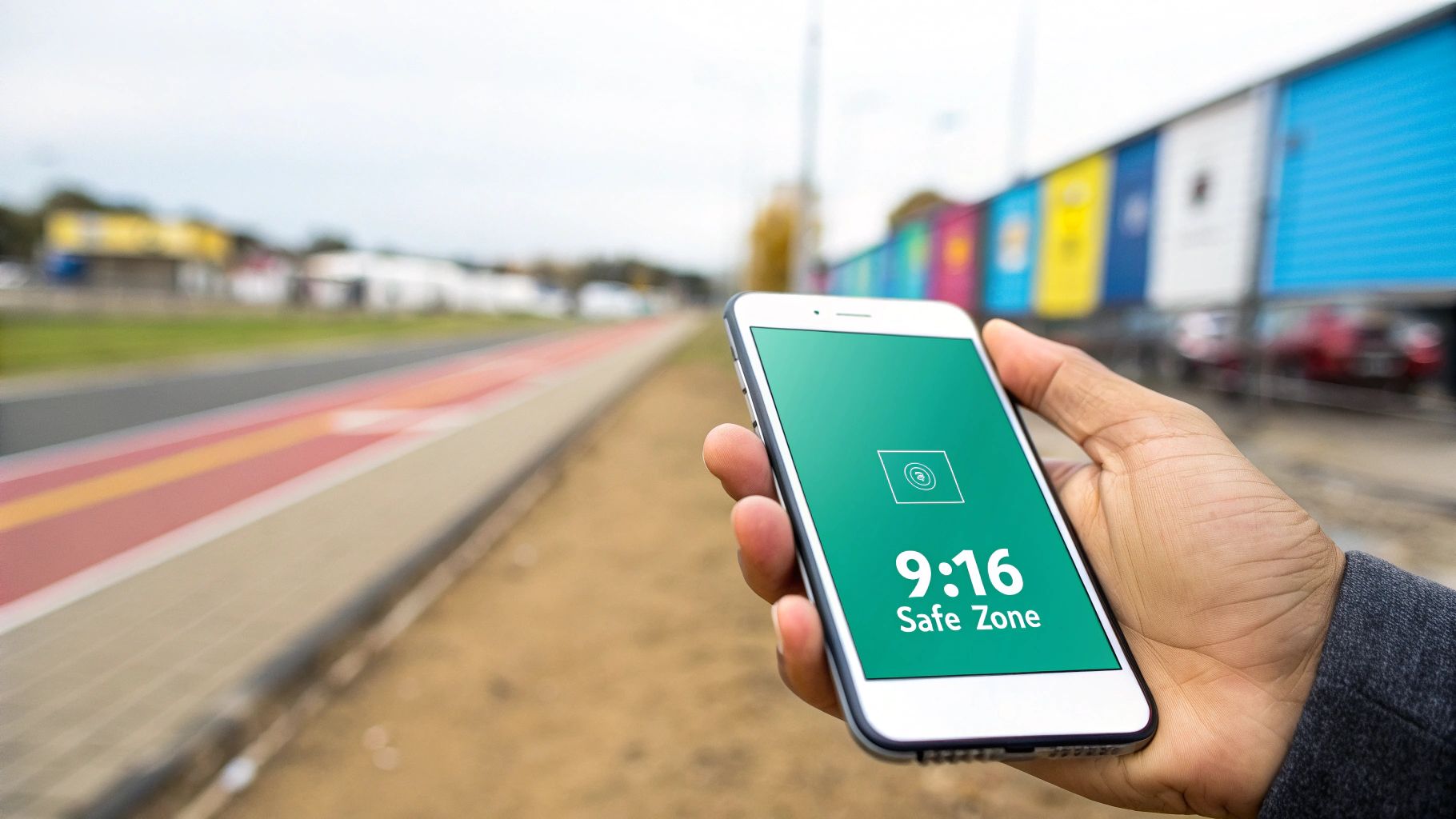A hand holds a smartphone with a green screen displaying '9:16 Safe Zone' outdoors.