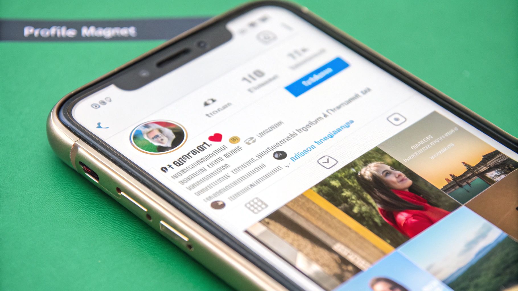 A person's hands optimizing an Instagram profile on a smartphone screen, showing the bio, profile picture, and highlights.