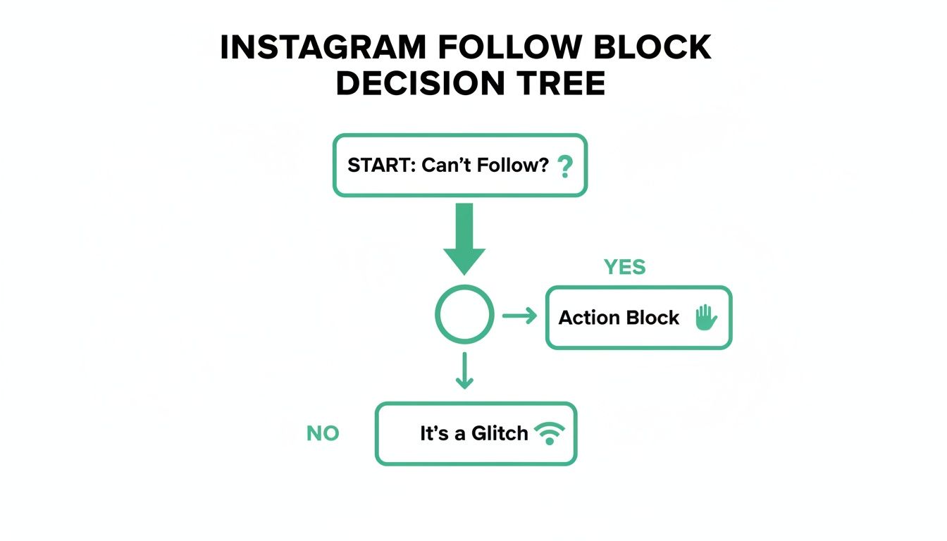Decision tree flowchart explaining why Instagram users can't follow, indicating action block or glitch.