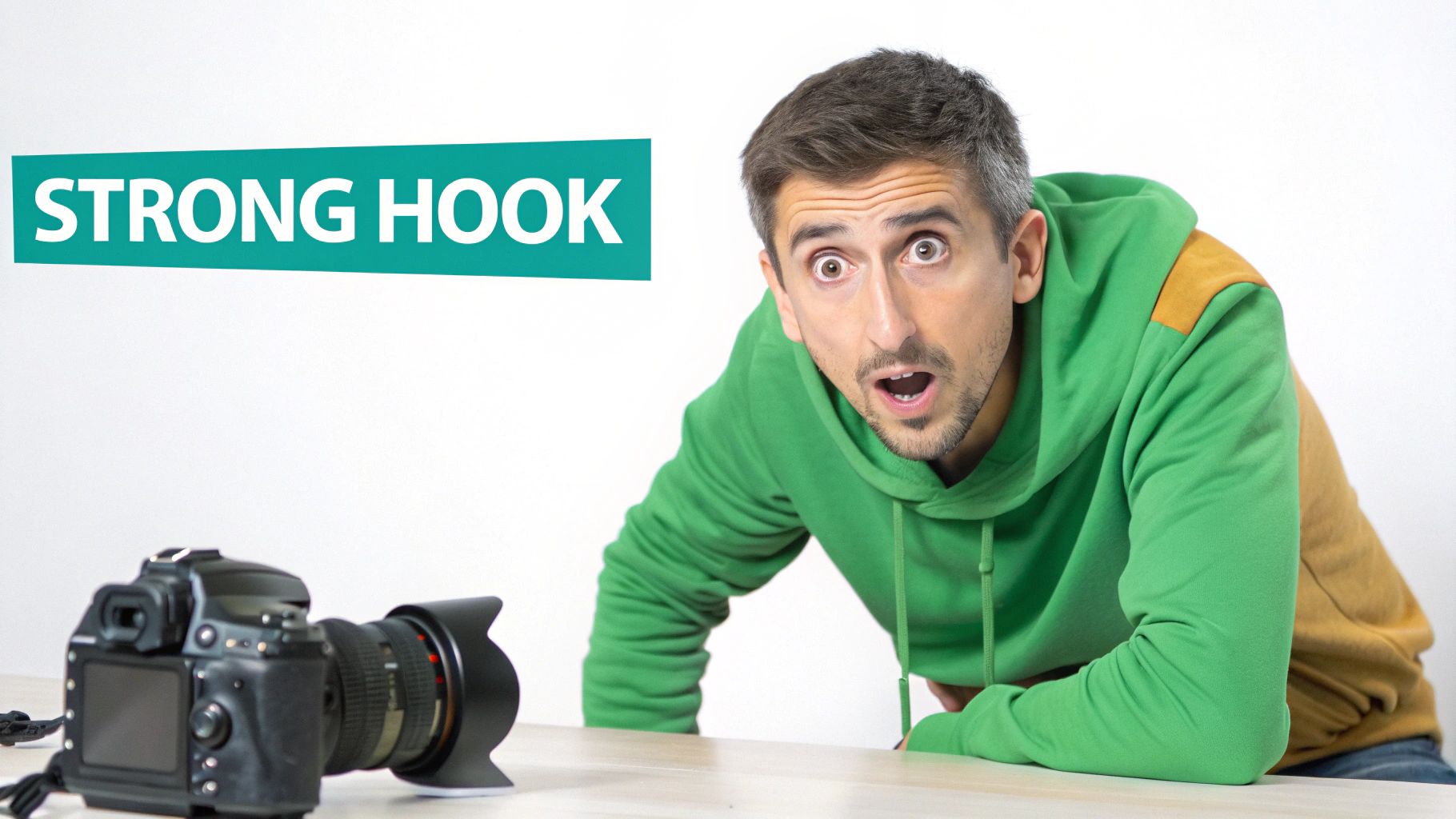 Surprised man in a green hoodie reacts to a camera, with a 'STRONG HOOK' banner.