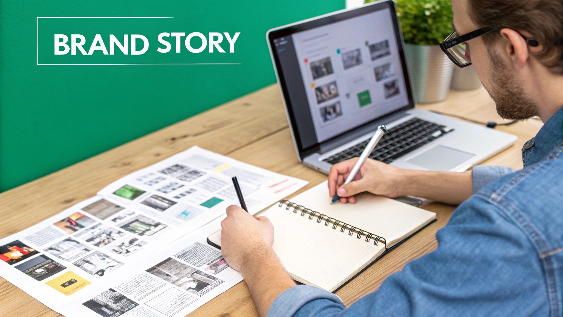 Man writing notes, working on laptop, and reviewing designs for a 