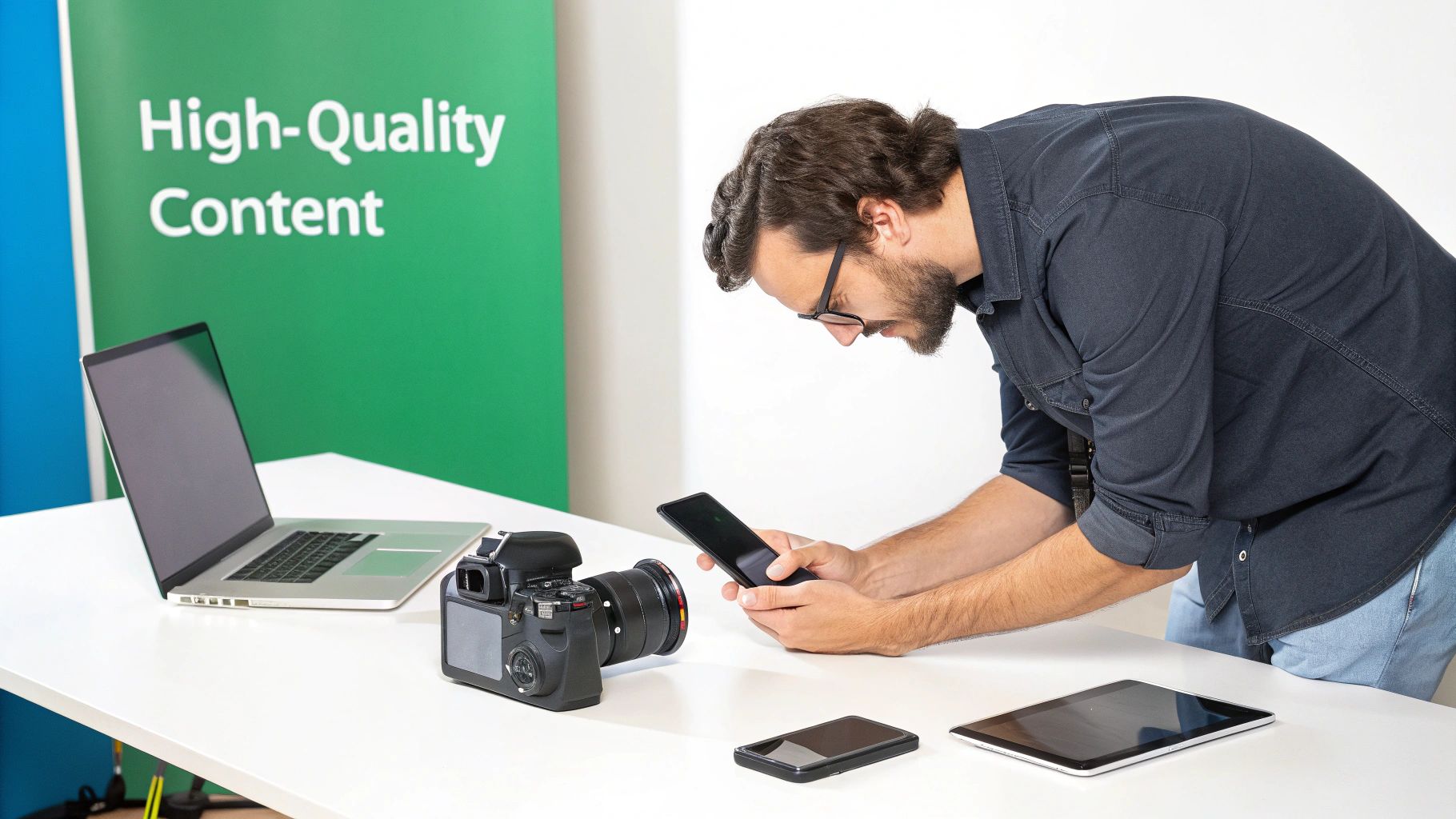 A man focuses on a smartphone next to a camera and laptop, promoting high-quality content.