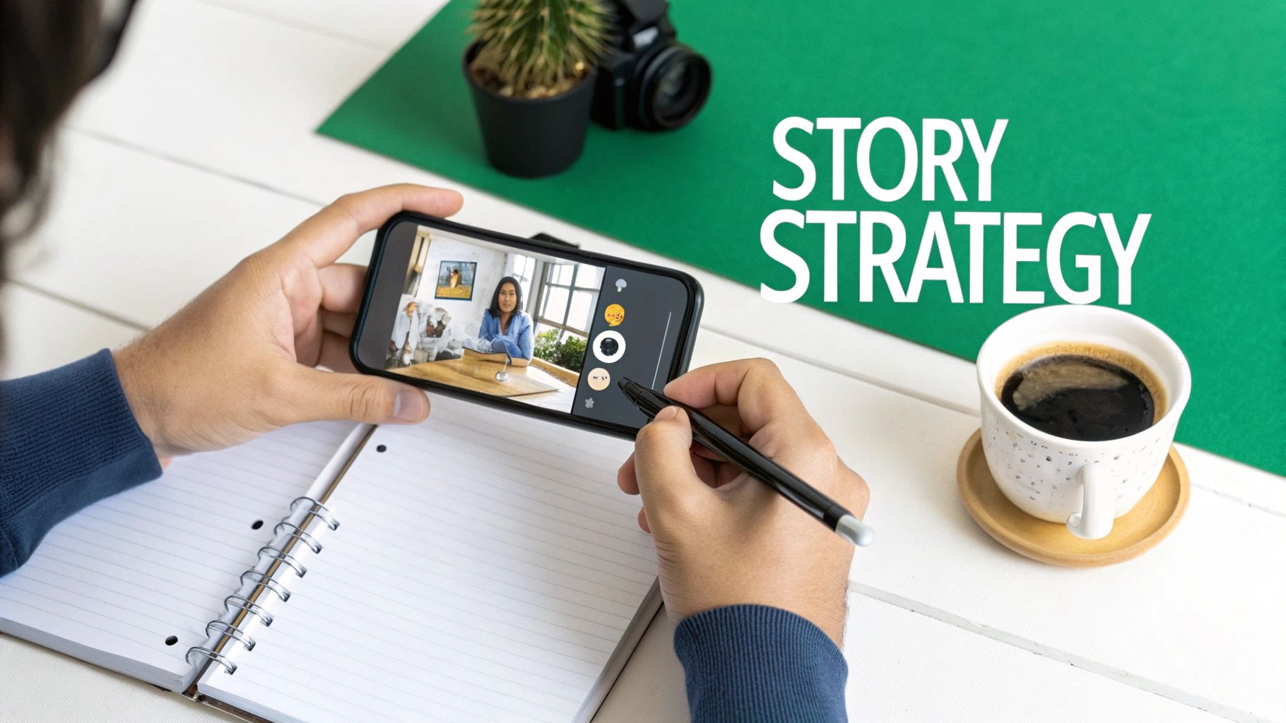 Person editing a story on a smartphone with a stylus, 'STORY STRATEGY' text.