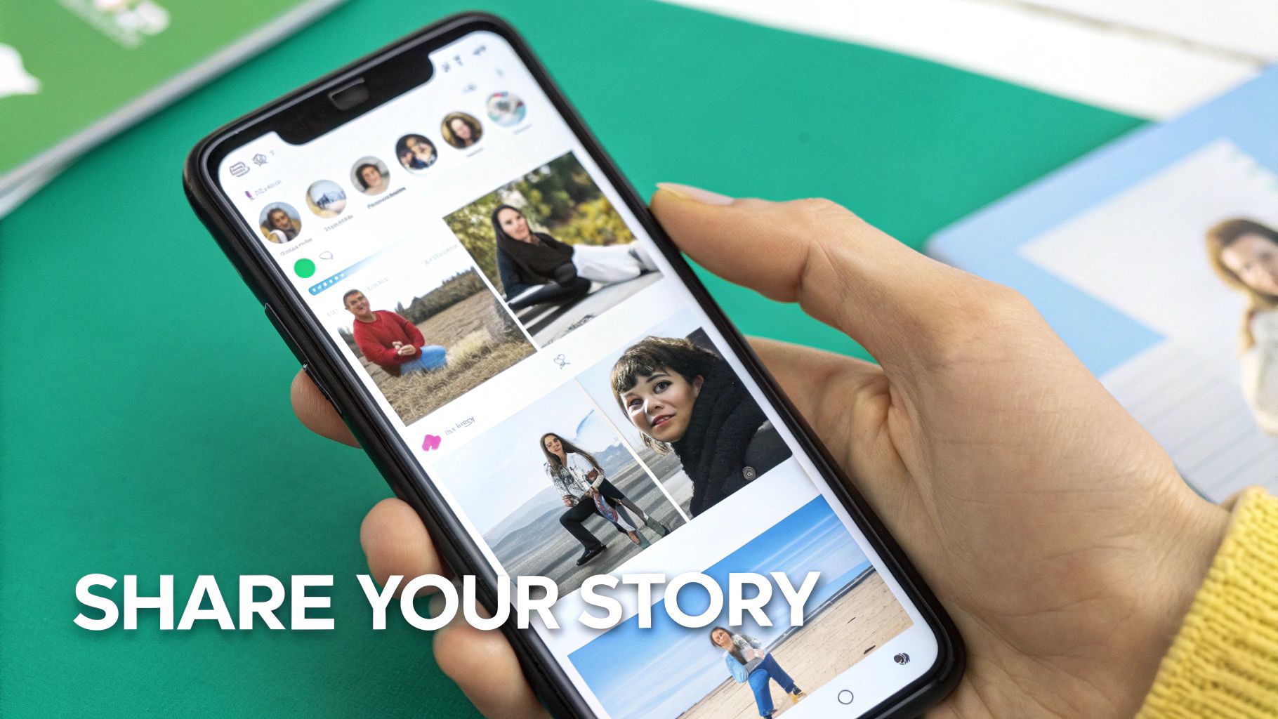 A hand holds a smartphone displaying a social media feed with diverse people, emphasizing content sharing.