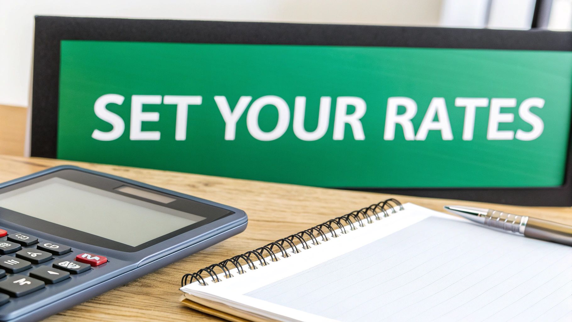 A calculator, spiral notebook, and pen on a wooden desk with a sign displaying 'SET YOUR RATES'.