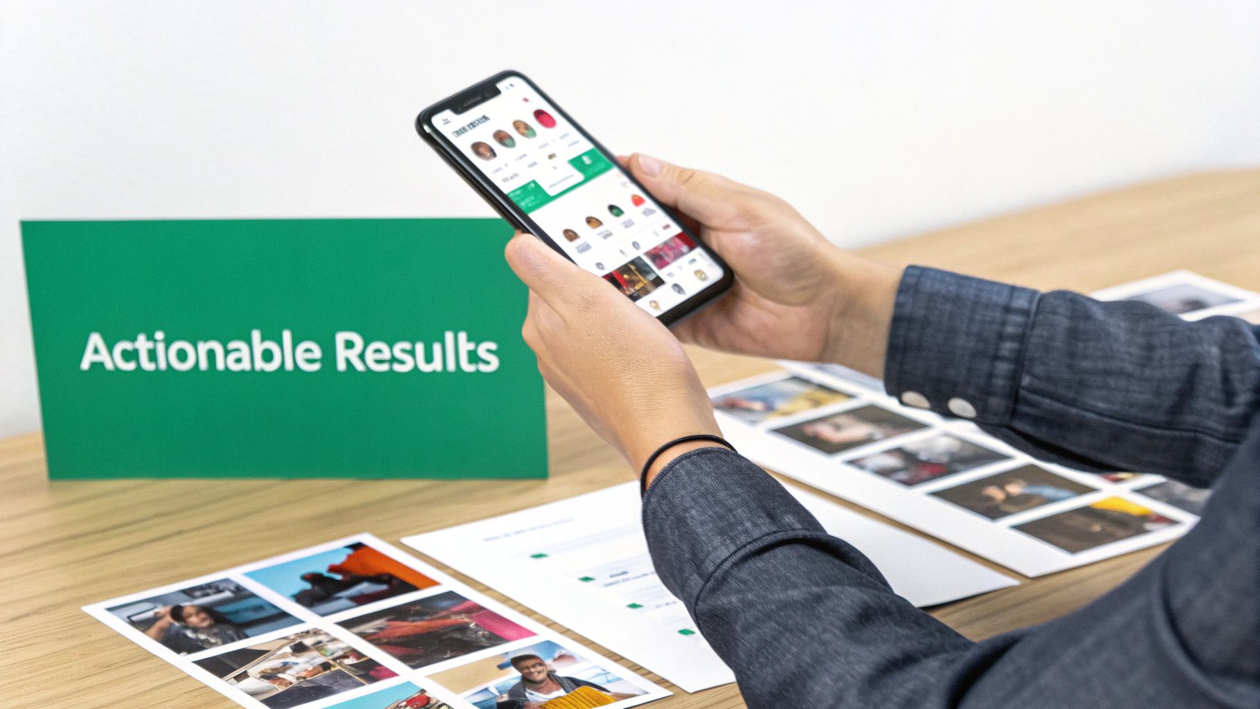 A person holds a smartphone displaying an app, next to printed photos and an “Actionable Results” sign.