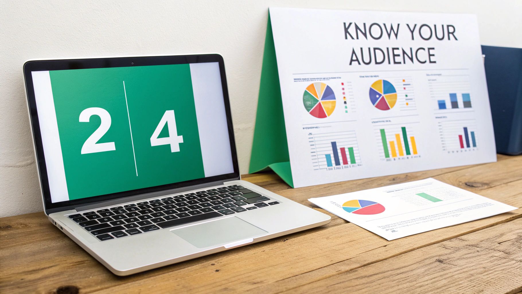 Laptop showing '24', a 'Know Your Audience' sign with data charts, and a report on a wooden desk.