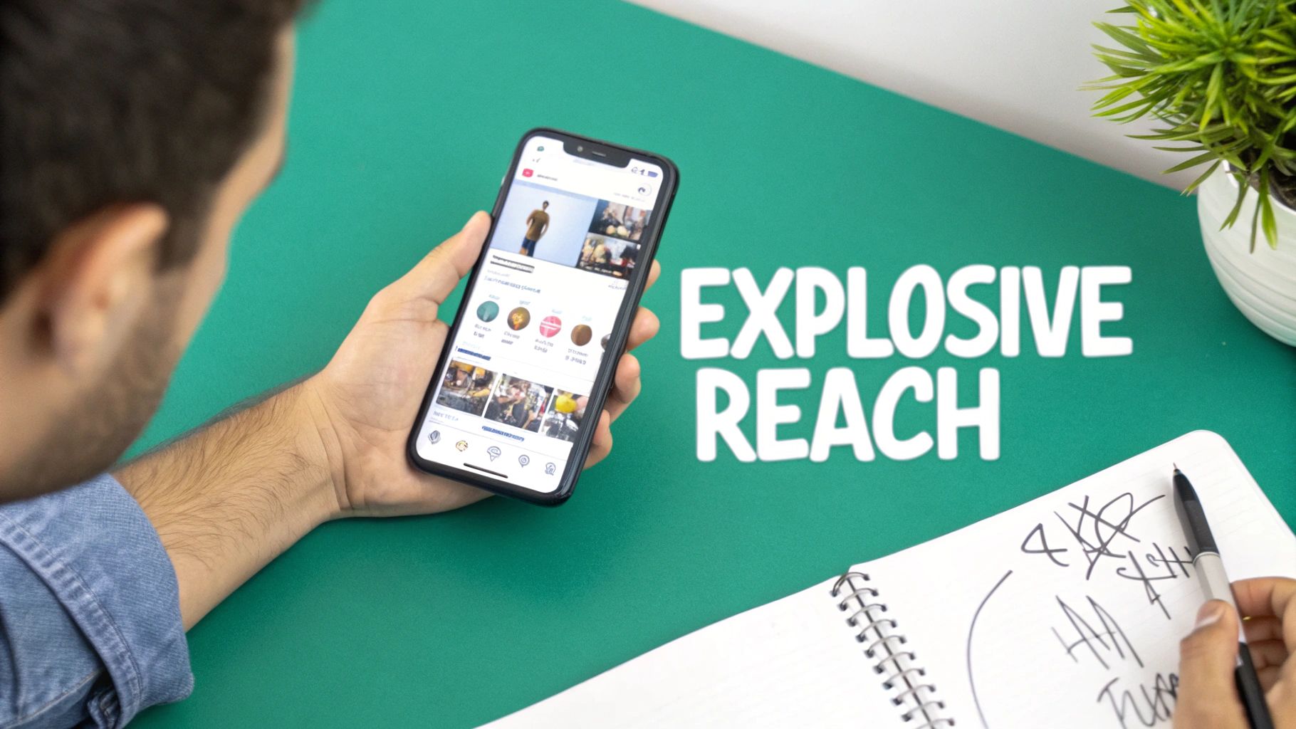 A person holds a smartphone displaying a social media app on a green desk with 'EXPLOSIVE REACH' text.