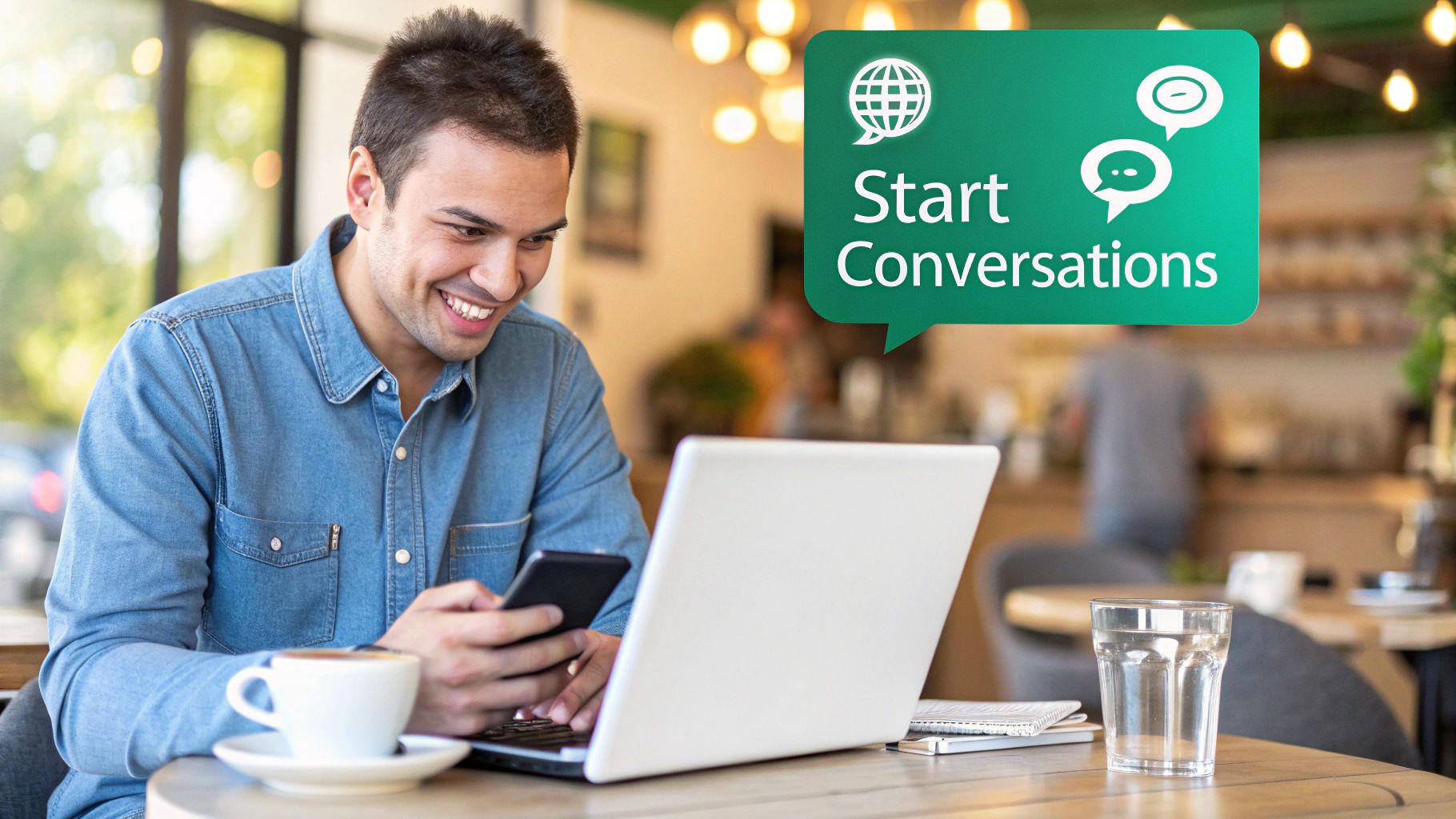 A smiling man uses his smartphone and laptop in a cafe, with a